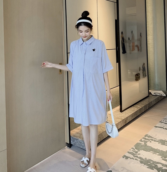 เดรสคลุมท้องแฟชั่น คอปก แขน3ส่วน กระดุมแกะให้นมได้ มีกระเป๋าหน้า เนื้อผ้าใส่สบาย M L XL XXL