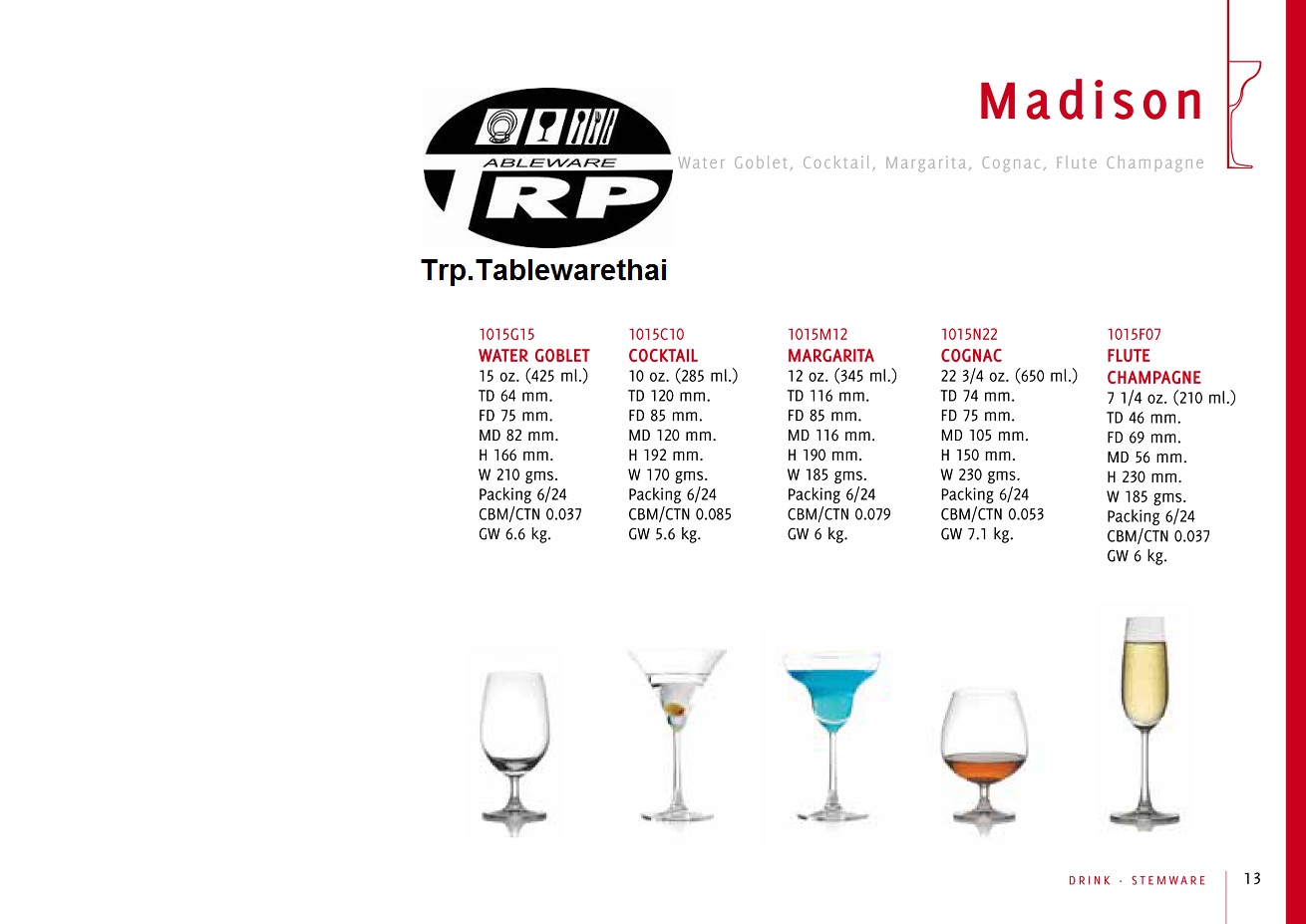 แก้วโบด็อก (แก้วโบแดร์โอ) Bordeaux Glass,รุ่น 1015A21 Madison,ความจุ 21 oz.(600 ml.),แพ็ค 6/24pcs.กล่อง,Glassware,Thai โดย Trp.Tablewarethai / ทีอาร์พี.เทเบิ้ลแวร์ไทย