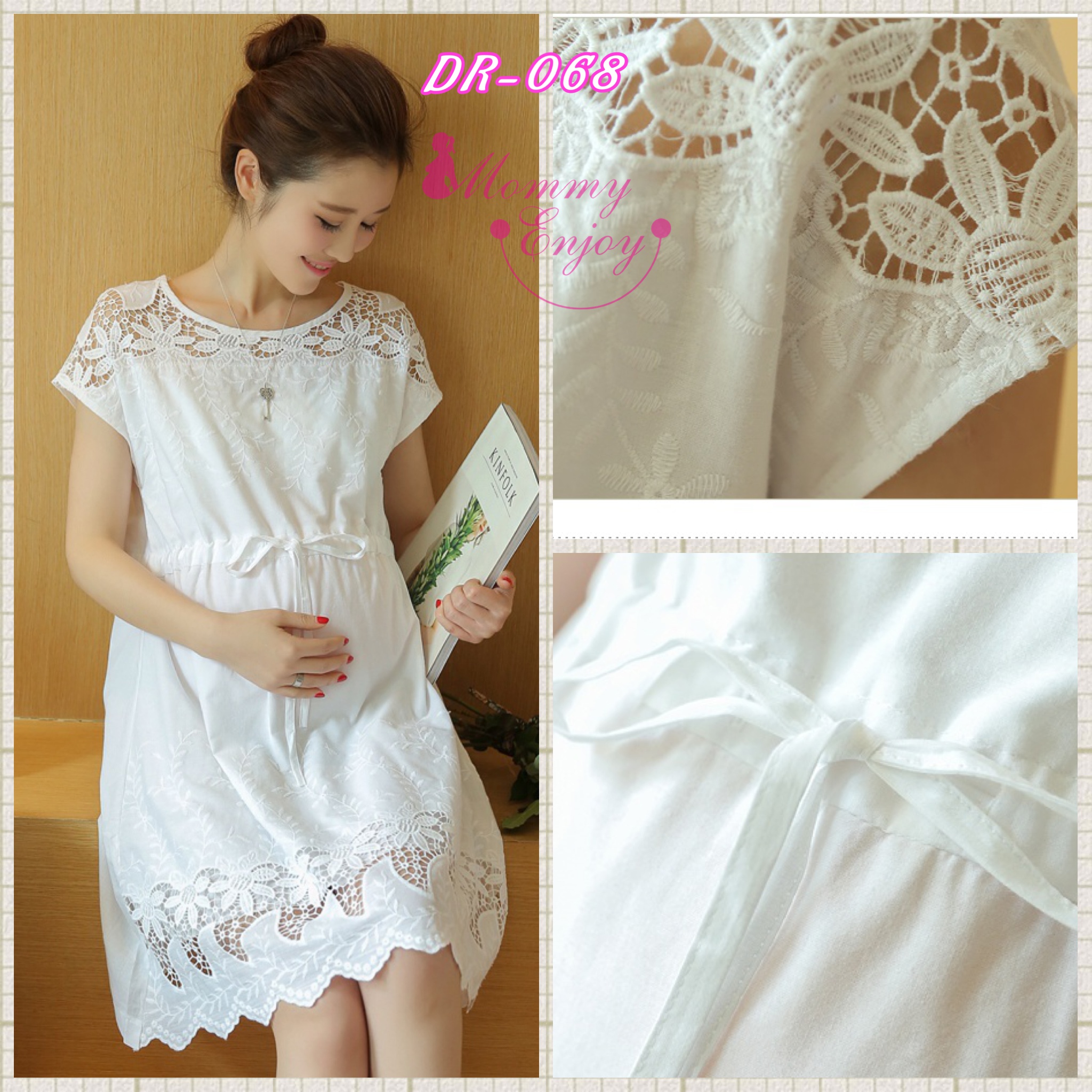 เดรสคลุมท้อง ผ้าฝ้ายลูกไม้ สวยๆหวานๆ ผูกหลังได้ M,L,XL,XXL