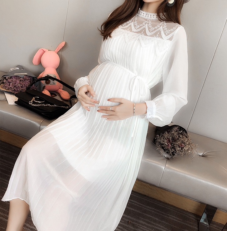 เดรสคลุมท้องแฟชั่นแขนยาว ผ้าชีฟอง คอลูกไม้ ช่วงไหล่ซีทรู พรีททั้งชุด มีซับใน M L XL,XXL