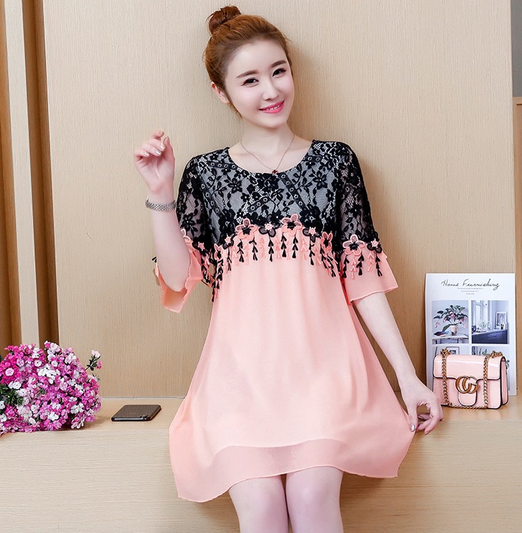 เดรสคลุมท้อง แบบน่ารัก ผ้าชีฟอง ด้านบนเป็นผ้าลูกไม้ มีซับใน M L XL,XXL