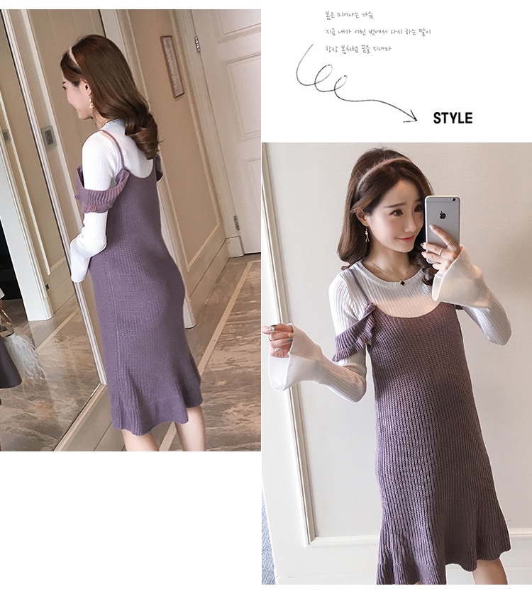 ชุดคลุมท้องแฟชั่นเกาหลี เอี๊ยม+เสื้อ ผ้าไหมพรม แขนทรัมเป็ต ใส่สวย ขยายได้เยอะ