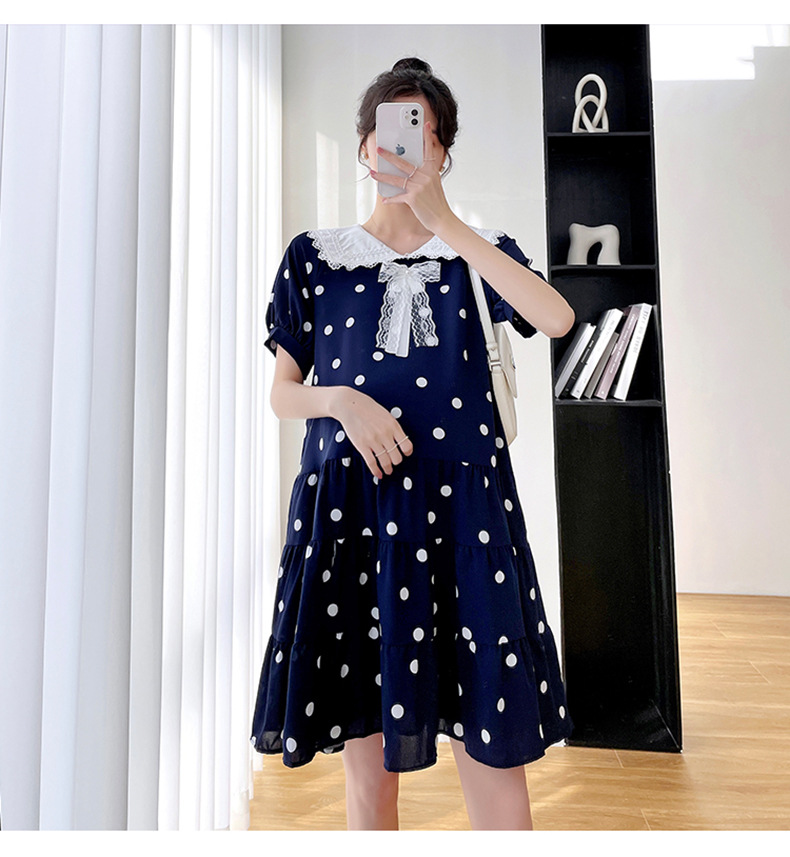 ชุดคลุมท้องแฟชั่นเกาหลี ผ้าชีฟองลายจุด คอแขนตุ๊กตา แต่งด้วยโบว์ มีซับใน ใส่ดีมาก M L XL XXL