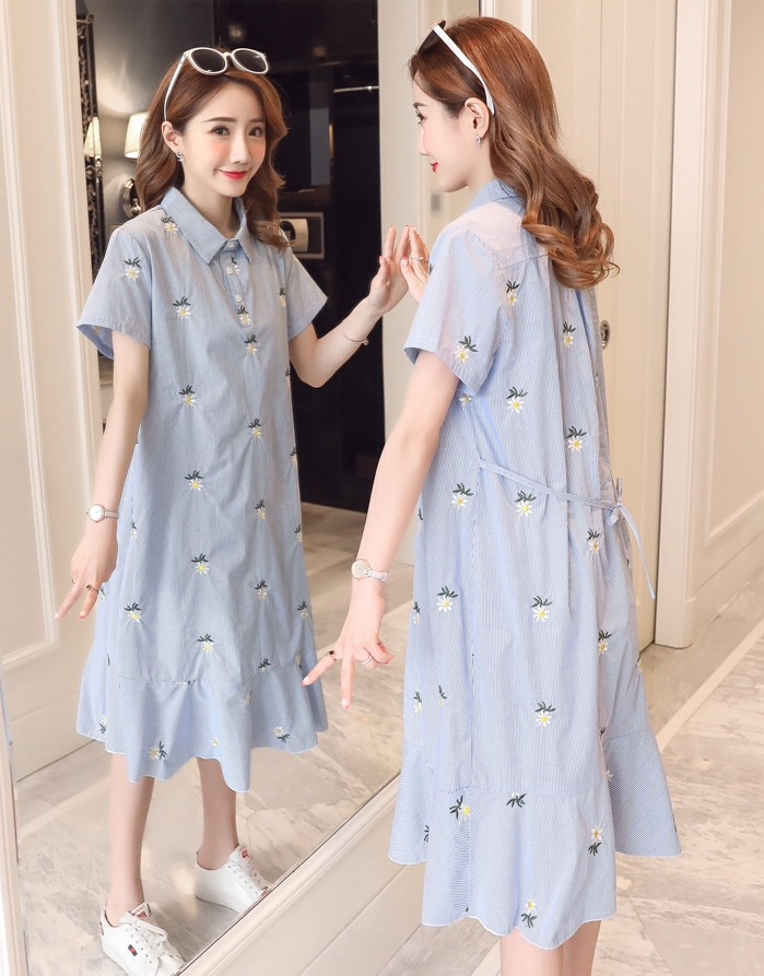 ชุดคลุมท้องแฟชั่นคอปก กระดุมแกะได้ ลายน่ารัก ปักลายดอกไม้ มีเชือกผูกปรับขนาดครรภ์ได้ M L XL XXL