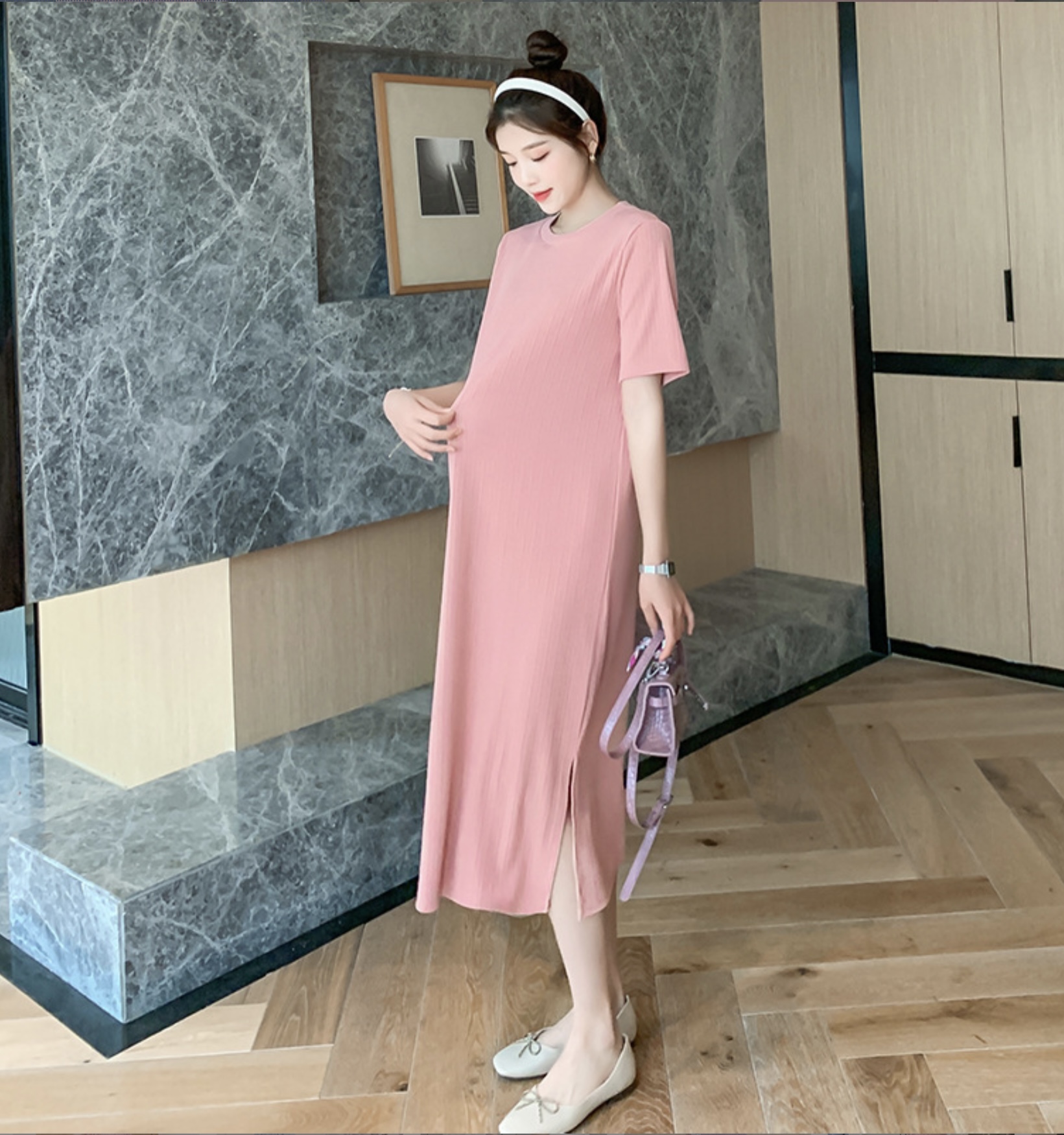 เดรสคลุมท้องแฟชั่นสบายๆ แขนสั้น ดูดี ผ้าทิ้งตัว มีน้ำหนัก เนื้อดีค่ะ M L XL XXL