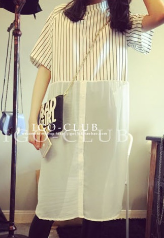 ((พร้อมส่ง)) เสื้อผ้าแฟชั่นผู้หญิง : เดรสสีขาว แต่งลายทางสีดำ น่ารัก น่ารักจ้า