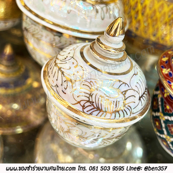 โกศใส่อัฐิ โถกลม ลายมุกขาว ขนาด 1.5 นิ้ว - 9 นิ้ว เริ่มต้น 140.-