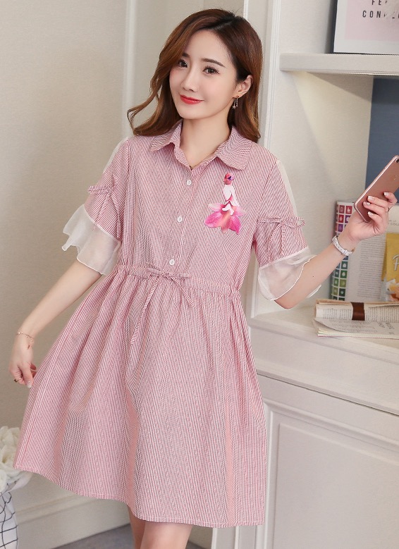 ชุดคลุมท้องสไตล์เกาหลีคอปก กระดุม แขนระบาย มีเชือกผูกด้านหน้าปรับขนาดครรภ์ได้ M L XL XXL