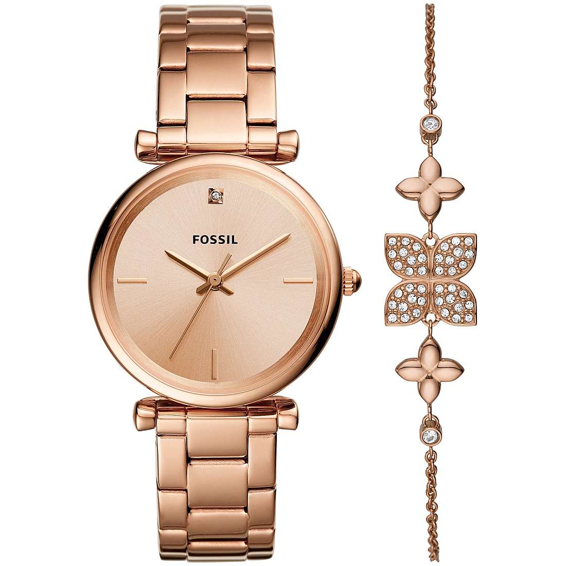 Fossil ES4685SET นาฬิกาผู้หญิง Carlie Three-Hand Rose-Gold-Tone Stainless-Steel and Bracelet Box Set Women's Watch