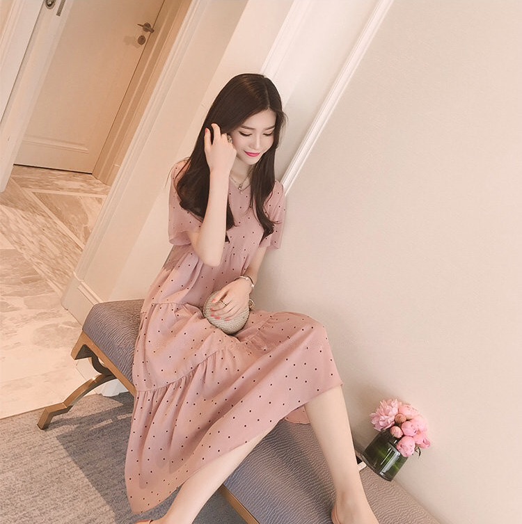 ชุดคลุมท้องแขนสั้น ผ้าชีฟอง ลายจุด ผ้านิ่มเบาสบาย มีซับใน M L XL XXL