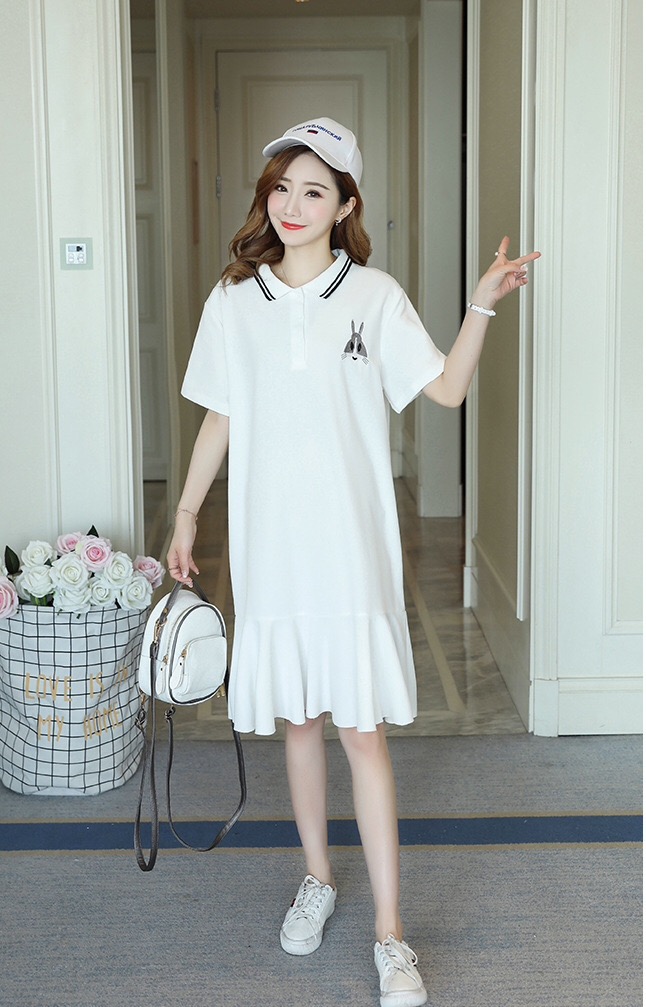 เดรสคลุมท้องแฟชั่นเกาหลี ผ้ายืด คอโปโล ทรงหางปลา น่ารักมากค่ะ M L XL XXL