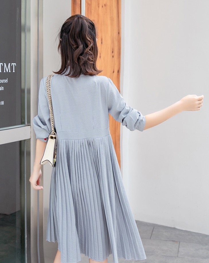 เดรสคลุมท้องแฟชั่นแขนยาว อัดพรีทสวย แขนยาว มีโบว์ที่คอ ใส่ได้ถึงคลอด M L XL,XXL