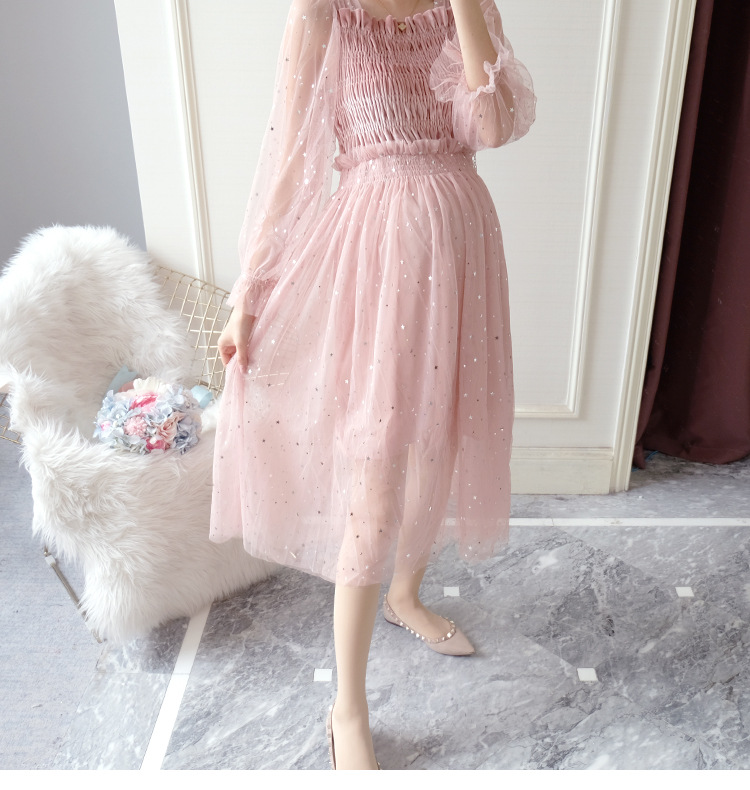 เดรสคลุมท้องแฟชั่นแขนซีทรู ช่วงอกสม๊อค ประดับด้วยดาวฟรุ้งฟริ้ง มีซับใน น่ารักมาก M L XL,XXL