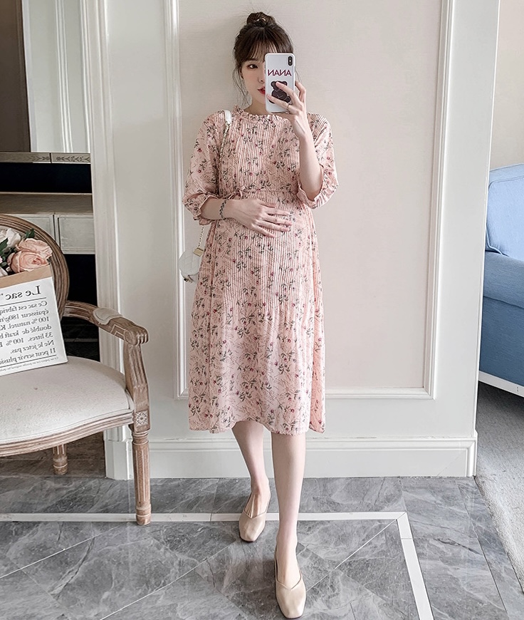 เดรสคลุมท้องแฟชั่น แขนจั้ม3ส่วน ผ้าชีฟองอัดพรีทเล็กช่วงบน สวยมาก มีซับใน มีเชือกผูกอิสระ M L XL XXL