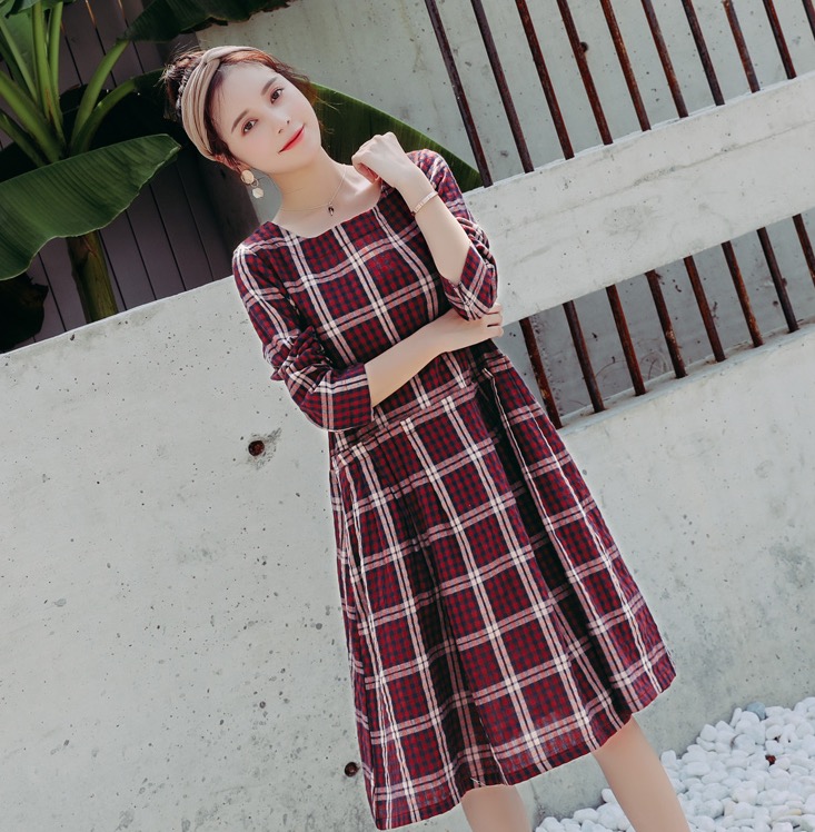 เดรสคลุมท้องสไตล์เกาหลีแขนยาว คอยู ผ้าสวยลายสก๊อต วินเทจ น่ารัก M L XL,XXL