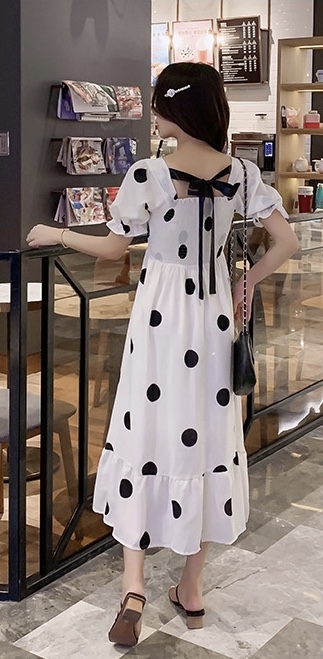 เดรสคลุมท้องแฟชั่นผ้าชีฟอง ช่วงอกสม๊อค แขนตุ๊กตา ด้านหลังผูกโบว์ น่ารักมากค่ะ M L XL XXL