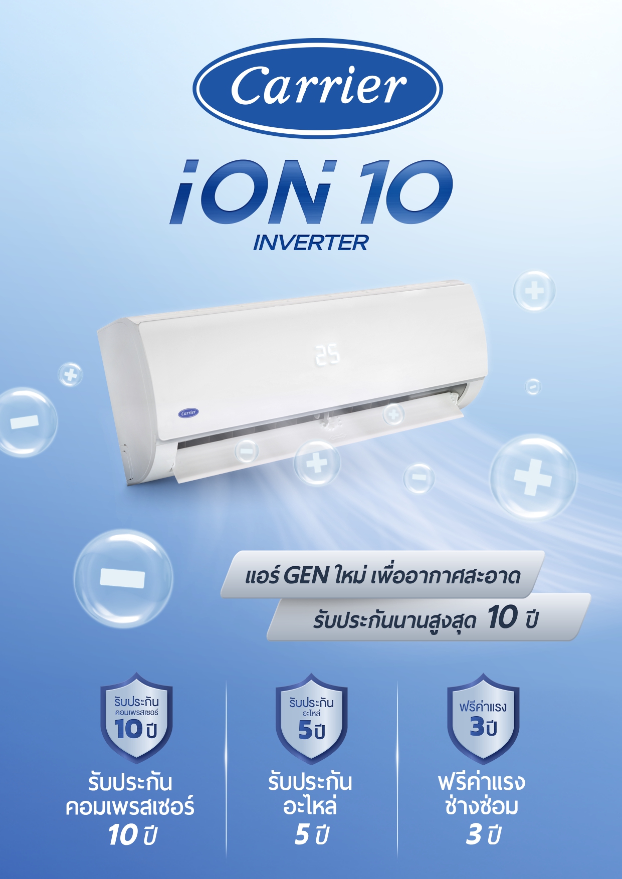 เครื่องปรับอากาศ CARRIER แบบติดผนัง ขนาด 9,200 BTU รุ่น 42CVFA010 (INVERTER) (ION 10)