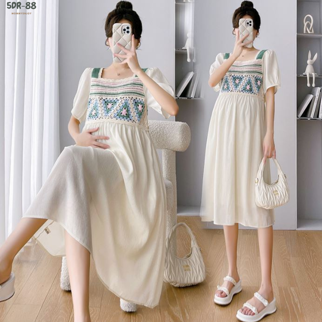 ชุดคลุมท้องแฟชั่นเกาหลี ช่วงอกไหมพรมโครเชต์ ลายน่ารัก ช่วงอื่นเป็นผ้าชีฟอง เบาสบายใส่แล้วไม่ร้อน มีซับใน M L XL XXL