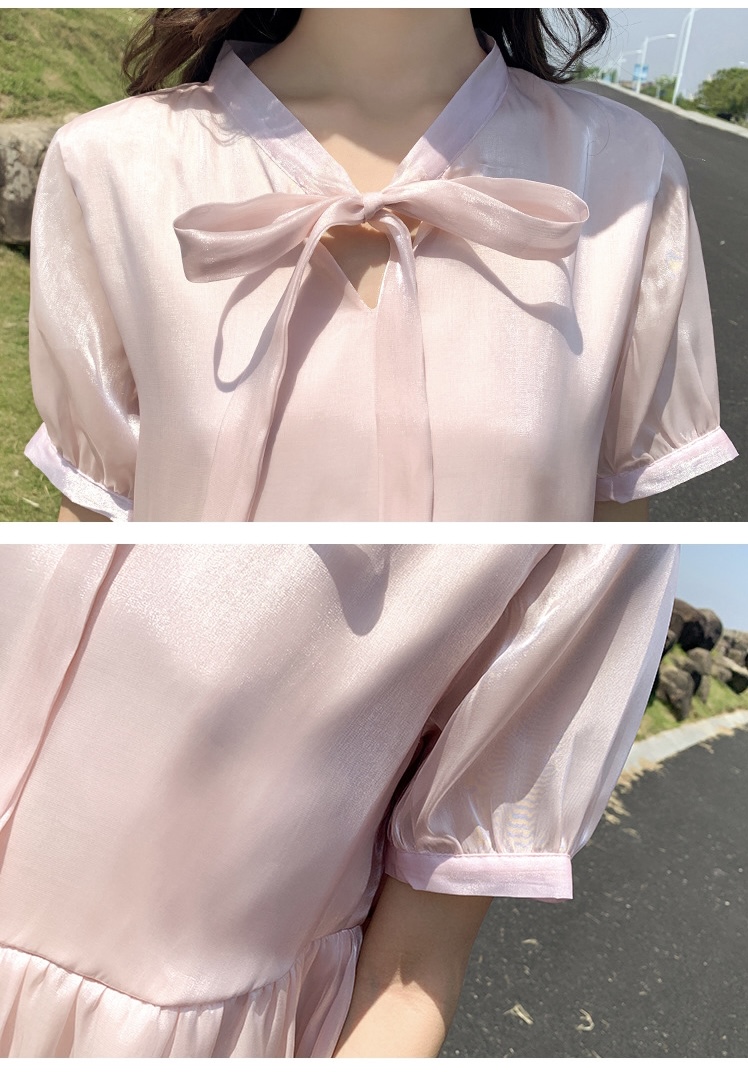 เดรสคลุมท้องแฟชั่นเกาหลี ผ้าไหมแก้ว เนื้อละเอียด มีซับใน ผูกโบว์ที่คอ M L XL XXL