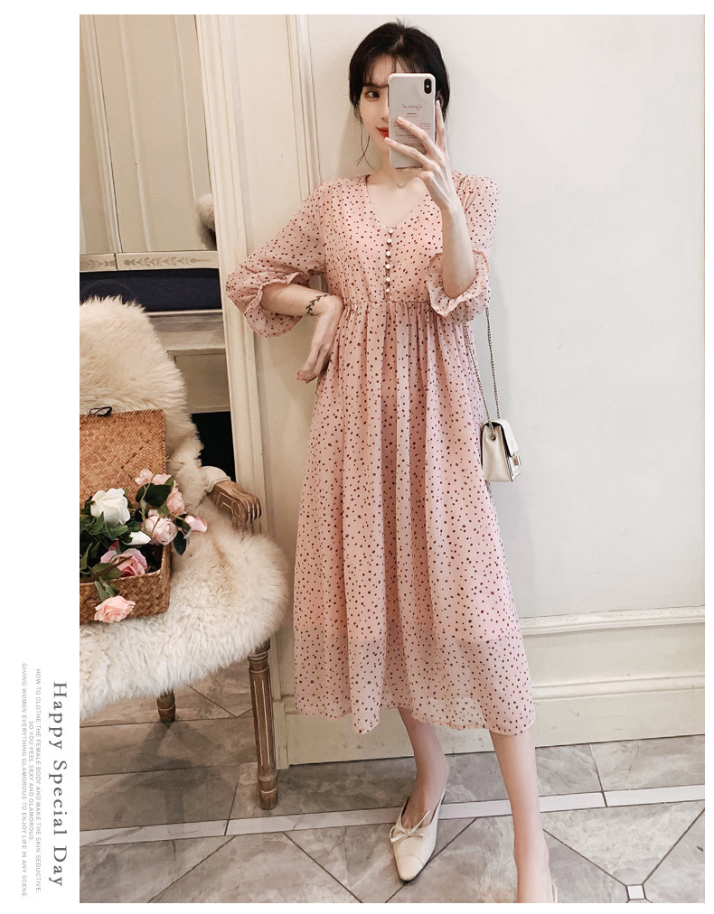 เดรสคลุมท้องแฟชั่น ผ้าชีฟองลายจุด แขน4 ส่วน ทำระบายปลายแขน ผ้านิ่ม มีซับใน ใส่สบายถึงคลอด M L XL XXL