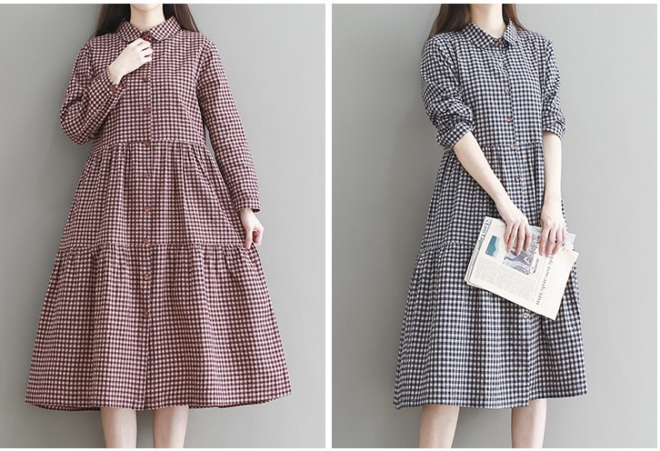 เดรสคลุมท้องแฟชั่น แขนยาว คอปก กระดุมหน้า เปิดให้นมได้ ชุดยาว สวย ใส่ได้คล่องตัว M L XL XXL