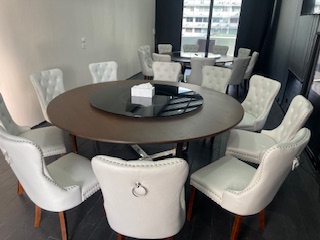 TRP Round Table 圆桌会议 餐桌 中式餐桌 配有旋转镜组 โต๊ะกลมขาสเตนเลสพร้อมชุดกระจกจานหมุนเและเก้าอี 8 ตัว โต๊ะทานหารทานข้าว ขนาด 180 ซม. Trp.Tablechairthai / ทีอาร์พี.โต๊ะเก้าอี้ไทย