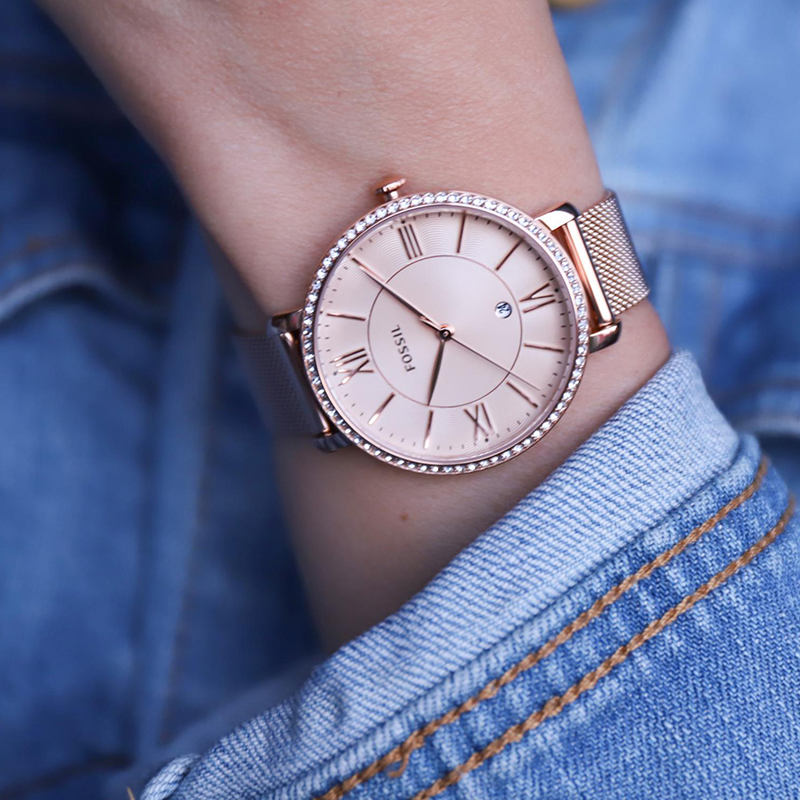 Fossil ES4628 นาฬิกาผู้หญิง Jacqueline Three-Hand Date Rose Gold-Tone Quartz Women's Watch