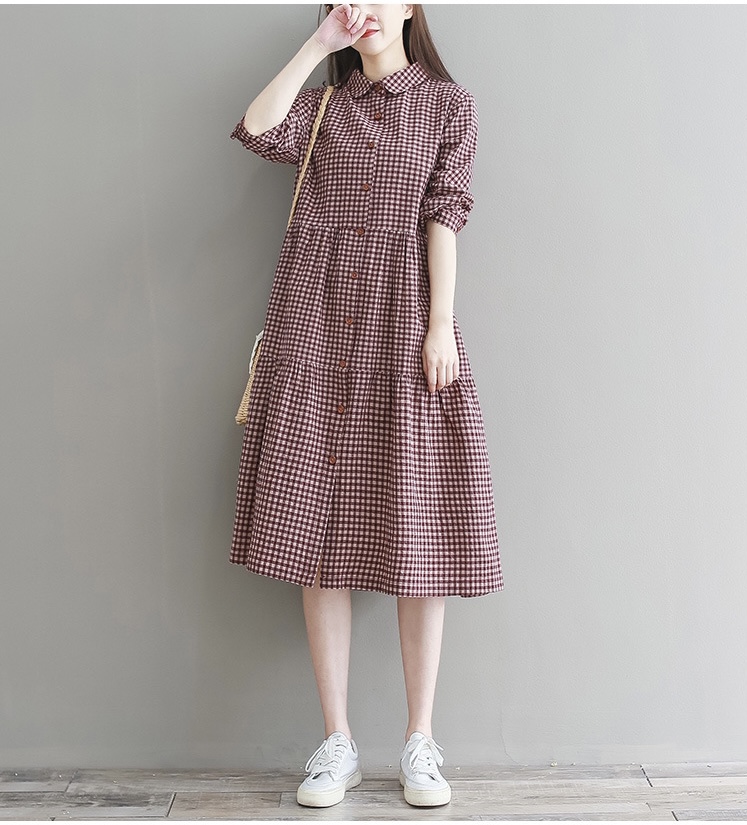 เดรสคลุมท้องแฟชั่น แขนยาว คอปก กระดุมหน้า เปิดให้นมได้ ชุดยาว สวย ใส่ได้คล่องตัว M L XL XXL