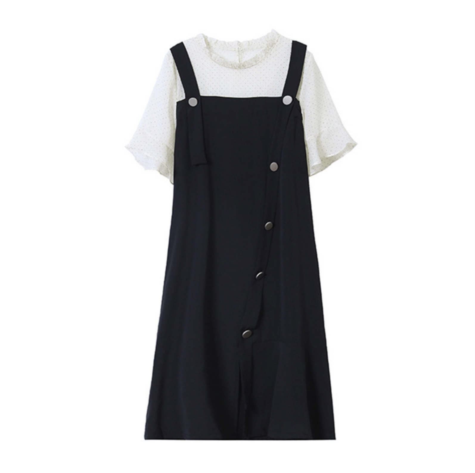 เดรสคลุมท้องแฟชั่น ผ้าชีฟอง เอี๊ยมหลอก ช่วงบนแขนเป็นซีทรู น่ารักเลยค่ะ M L XL XXL