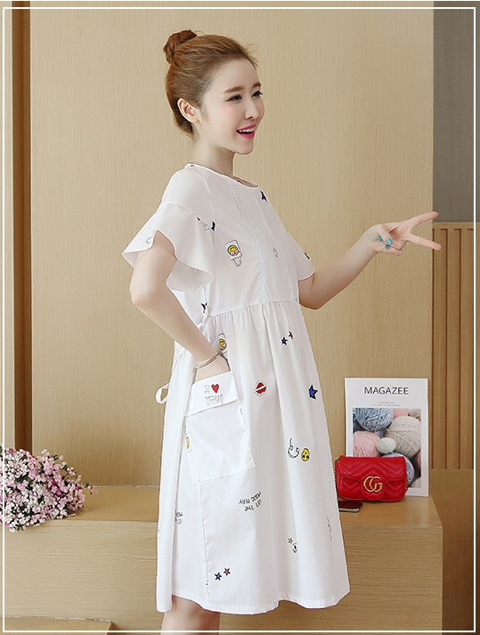 ชุดคลุมท้องแฟชั่นเกาหลี พิมพ์ลายสวย ผ้าเนื้อดี ใส่สบายไม่ร้อน มีกระเป๋าข้าง เชือกปรับขนาดครรภ์ M L XL XXL