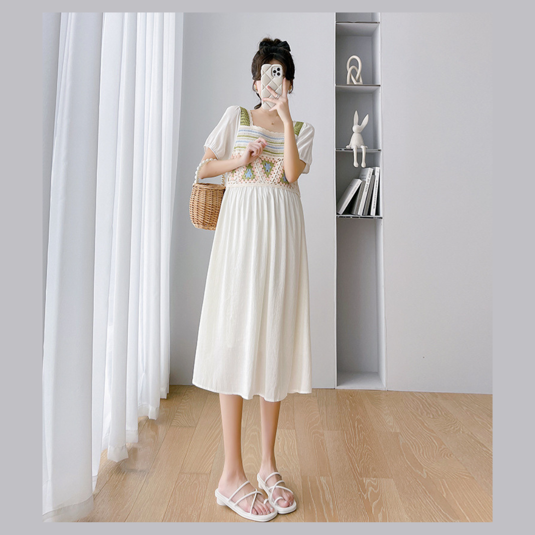 ชุดคลุมท้องแฟชั่นเกาหลี ช่วงอกไหมพรมโครเชต์ ลายน่ารัก ช่วงอื่นเป็นผ้าชีฟอง เบาสบายใส่แล้วไม่ร้อน มีซับใน M L XL XXL