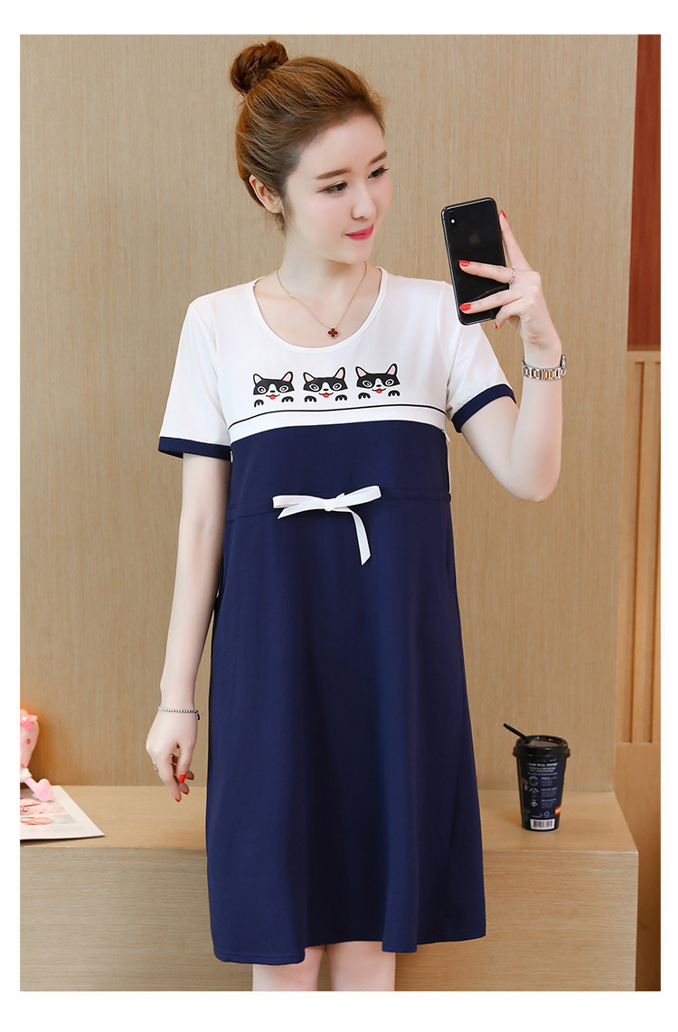 ชุดคลุมท้องเปิดให้นม แขนสั้น ลายแมวเหมียว ปรับขนาดได้ตามอายุครรภ์ M L XL XXL