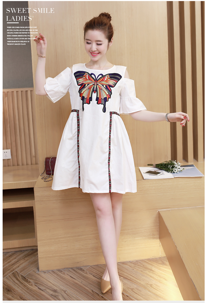 เดรสคนท้องเปิดไหล่ ผ้าฝ้ายเนื้อละเอียด ผีเสื้อใหญ่ สวยค่ะ M,L,XL,XXL