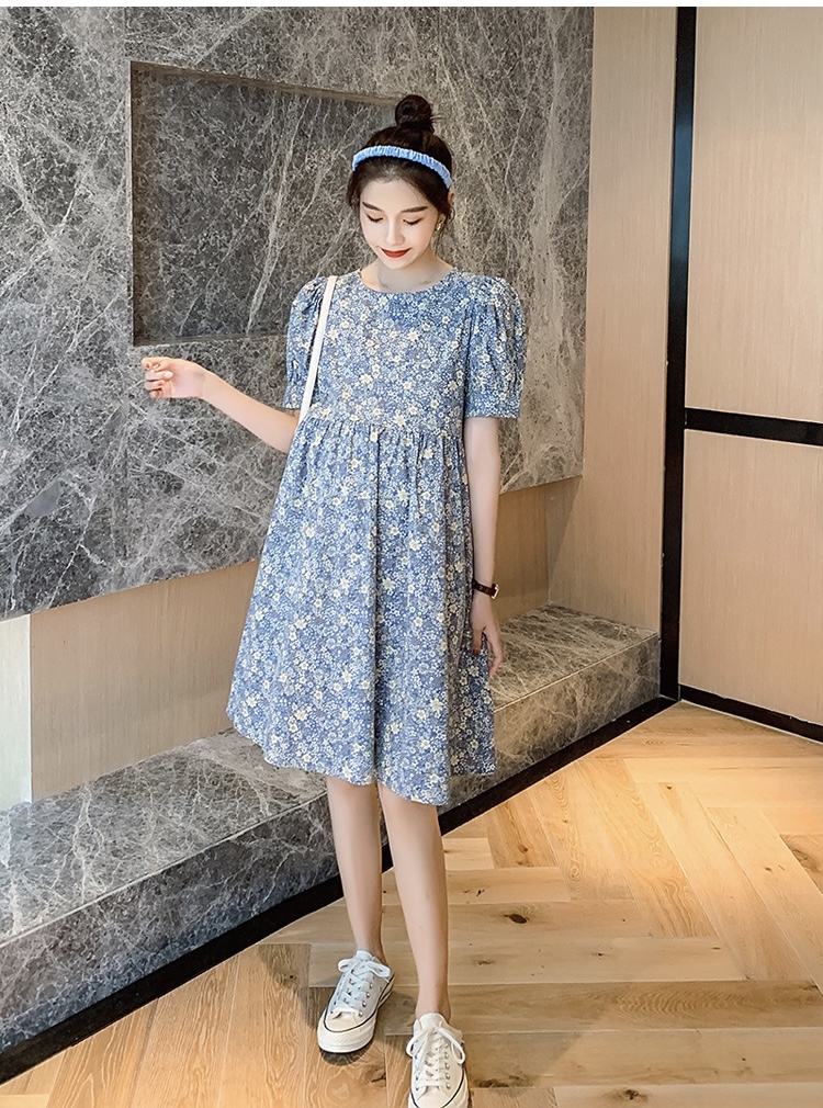 เดรสคลุมท้องแฟชั่นเกาหลี ผ้าฝ้าย ลายดอกวินเทจน่ารัก แขนตุ๊กตา ช่วงท้องระบาย ใส่ได้ถึงคลอด M L XL XXL