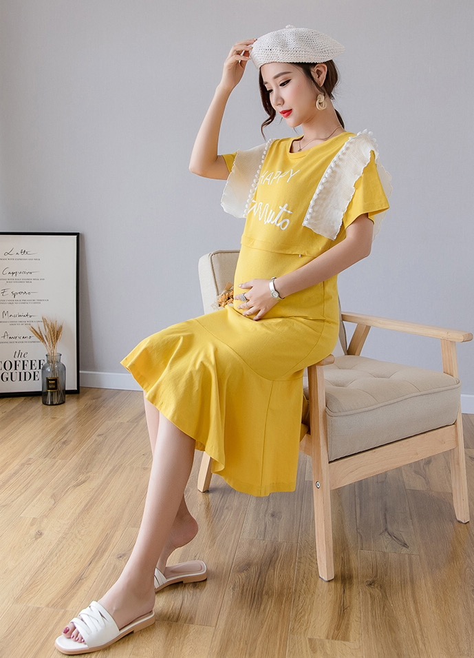 เดรสคลุมท้องแฟชั่นเกาหลี แบบวินเทจ ผ้านิ่ม เปิดให้นมแนวนอน แต่งช่วงไหล่ให้ดูน่ารัก M L XL XXL