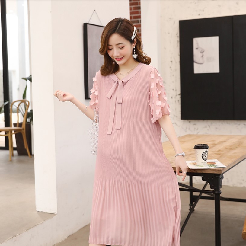 เดรสคลุมท้องแฟชั่น ผ้าชีฟอง พรีท มีซับใน ผูกโบว์ที่คอ น่ารักมากค่ะ M L XL XXL