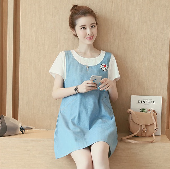 ชุดคนท้อง เอี๊ยมหลอก ผ้าฝ้าย กระเป๋าข้าง มีเชือกปรับขนาดครรภ์ M,L,XL