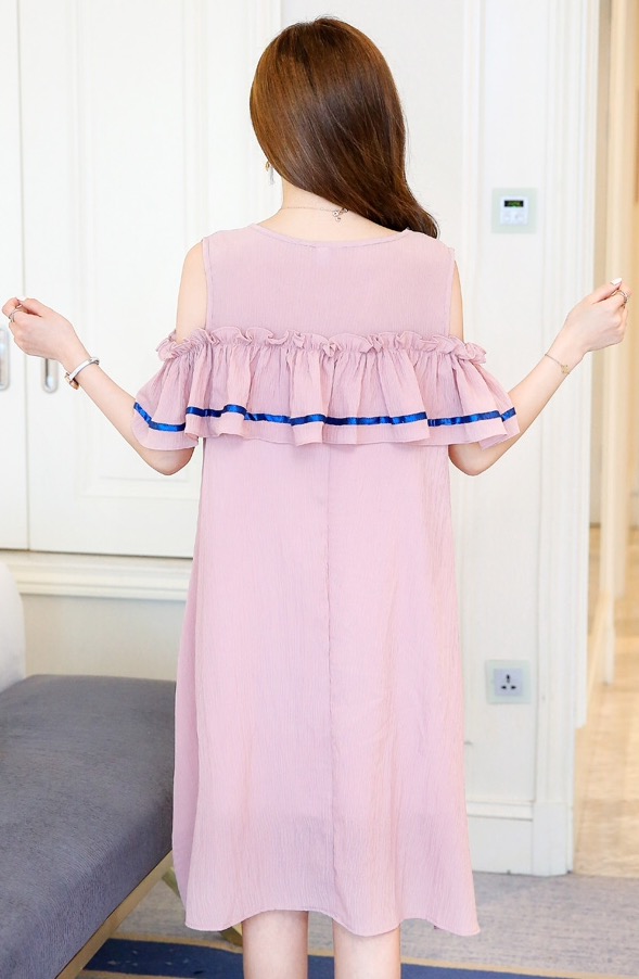 เดรสคลุมท้องแฟชั่นเปิดไหล่ ทำระบายช่วงอก รอบท้องใหญ่ใส่ได้ถึงคลอด M L XL,XXL