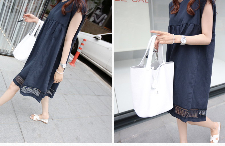 เดรสคนท้อง ผ้าฝ้ายใส่สบายๆ ทรงน่ารัก ต่อด้วยลูกไม้เล็กๆ สีน้ำงิน M,L,XL,XXL