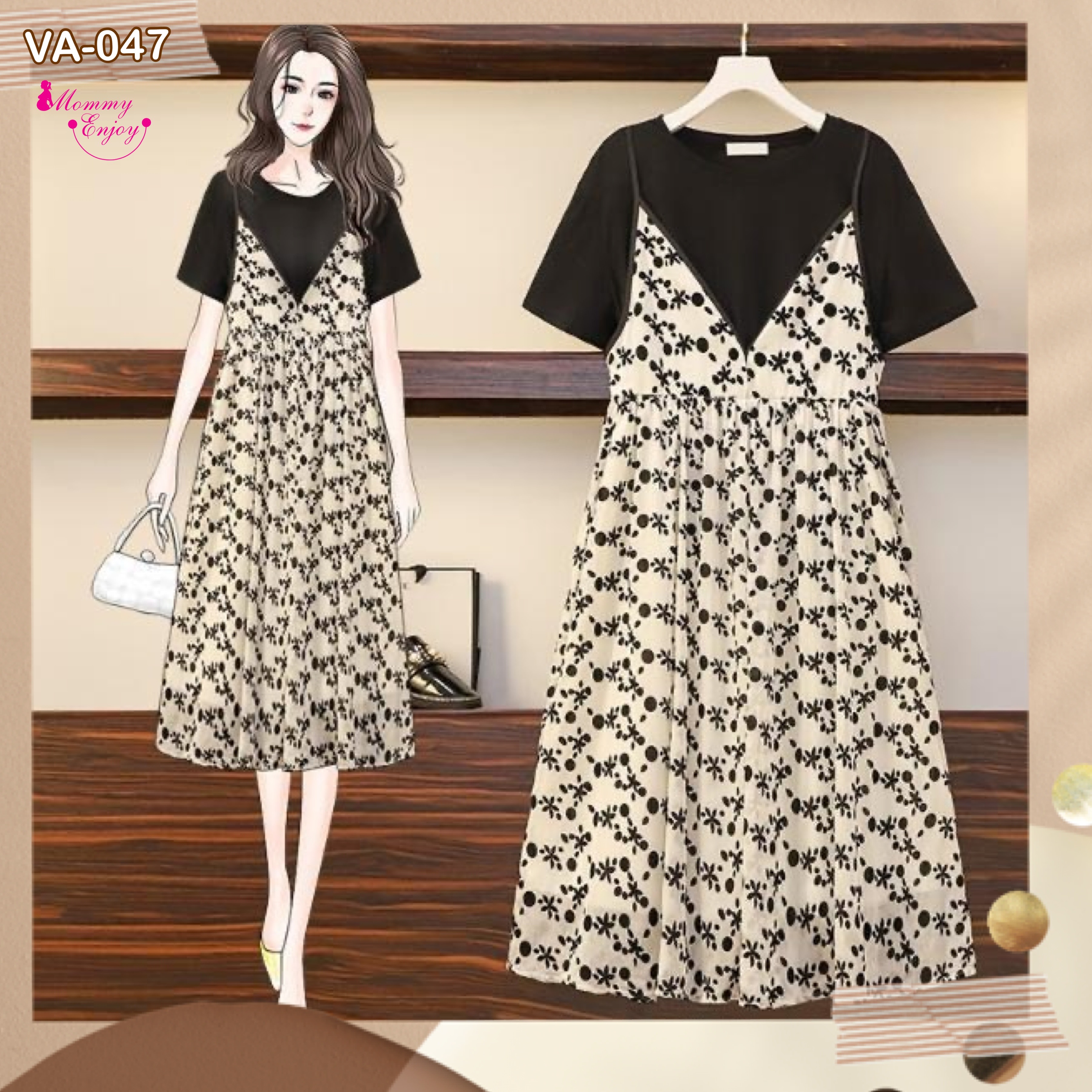 เอี๊ยมกระโปรงคลุมท้องลายน่ารัก เอี๊ยมผ้าชีฟอง มาพร้อมเสื้อยืด น่ารักใส่ง่าย ไม่อึดอัด ผ้านิ่มเย็น ดูดี M,L,XL,XXL