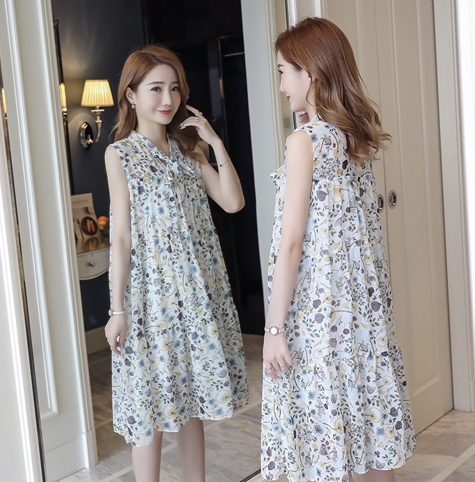 เดรสคลุมท้องแฟชั่นเกาหลี ผ้าชีฟอง แขนกุด มีซับใน ลายน่ารัก M L XL XXL