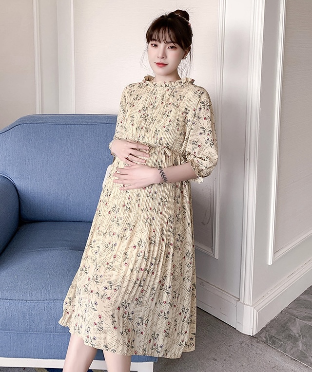 เดรสคลุมท้องแฟชั่น แขนจั้ม3ส่วน ผ้าชีฟองอัดพรีทเล็กช่วงบน สวยมาก มีซับใน มีเชือกผูกอิสระ M L XL XXL