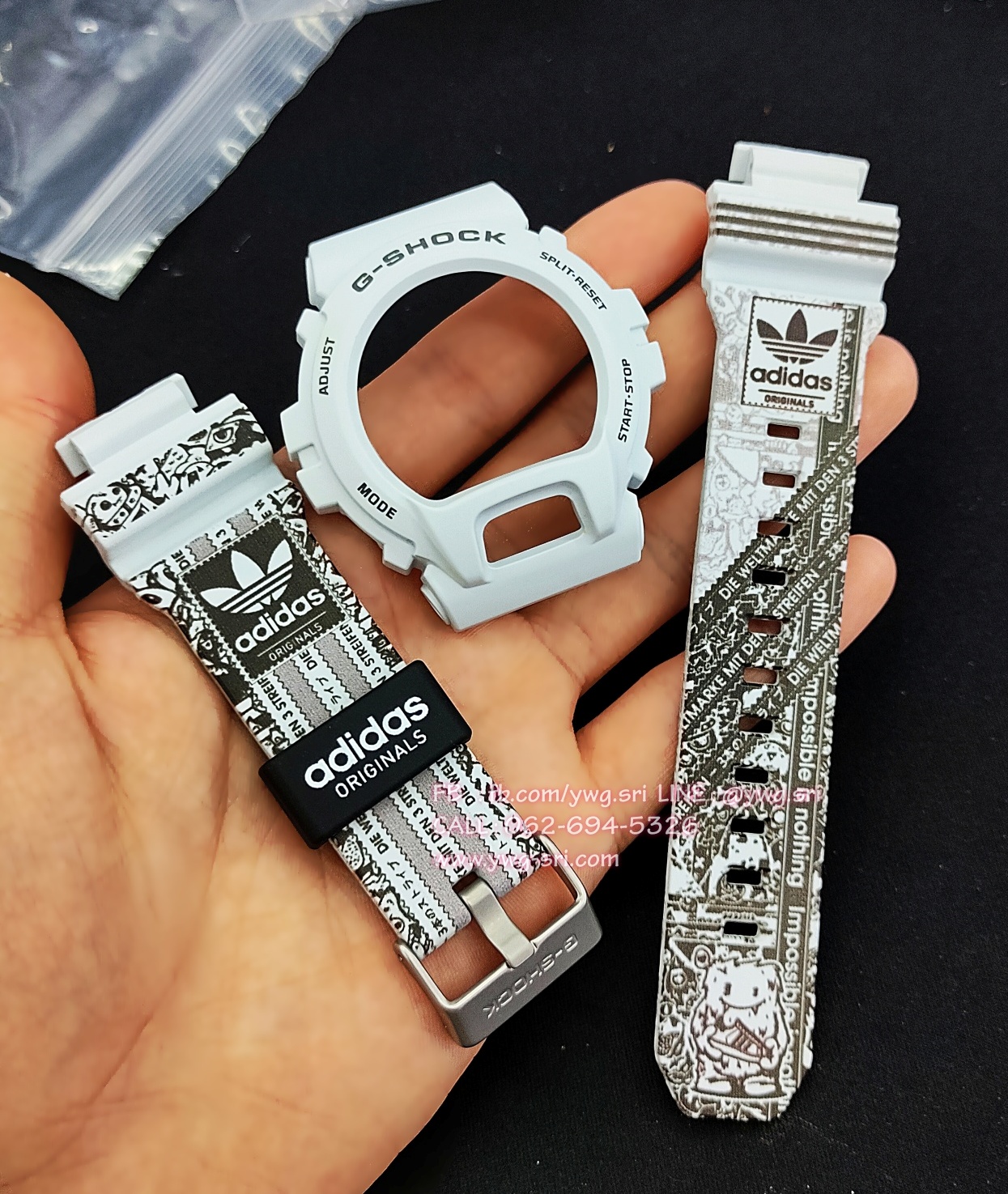 กรอบสาย G-SHOCK แท้✅ สีขาวออกเทาด้านฟอนต์ดำ สกรีนลาย adidas ใส่ได้กับรุ่น GD-X6900