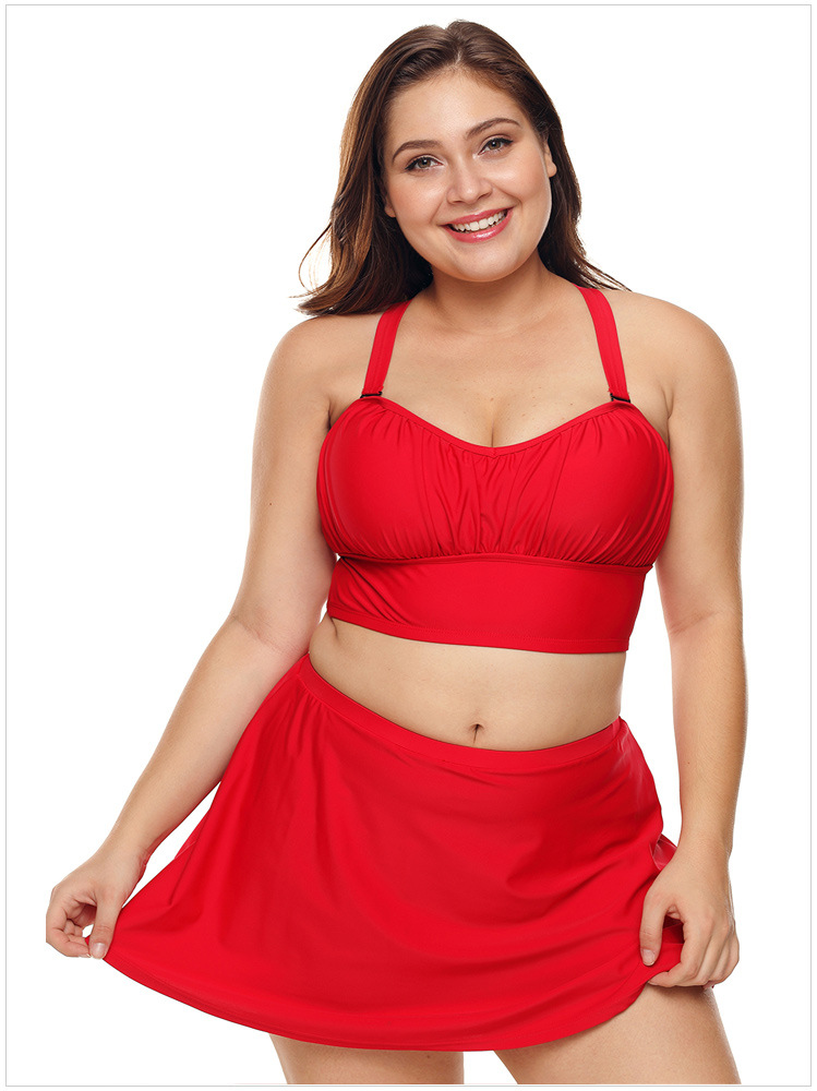 ชุดว่ายน้ำไซส์ใหญ่ ทูพีช 3xl พร้อมส่ง: ชุดว่ายน้ำคนอ้วนสีแดงแต่งสายไขว้ด้านหลัง กระโปรงติดบิกินี่แบบสวยsexyมากๆจ้า:รอบอก44-54นิ้ว เอว40-50นิ้ว สะโพก44-54นิ้ว