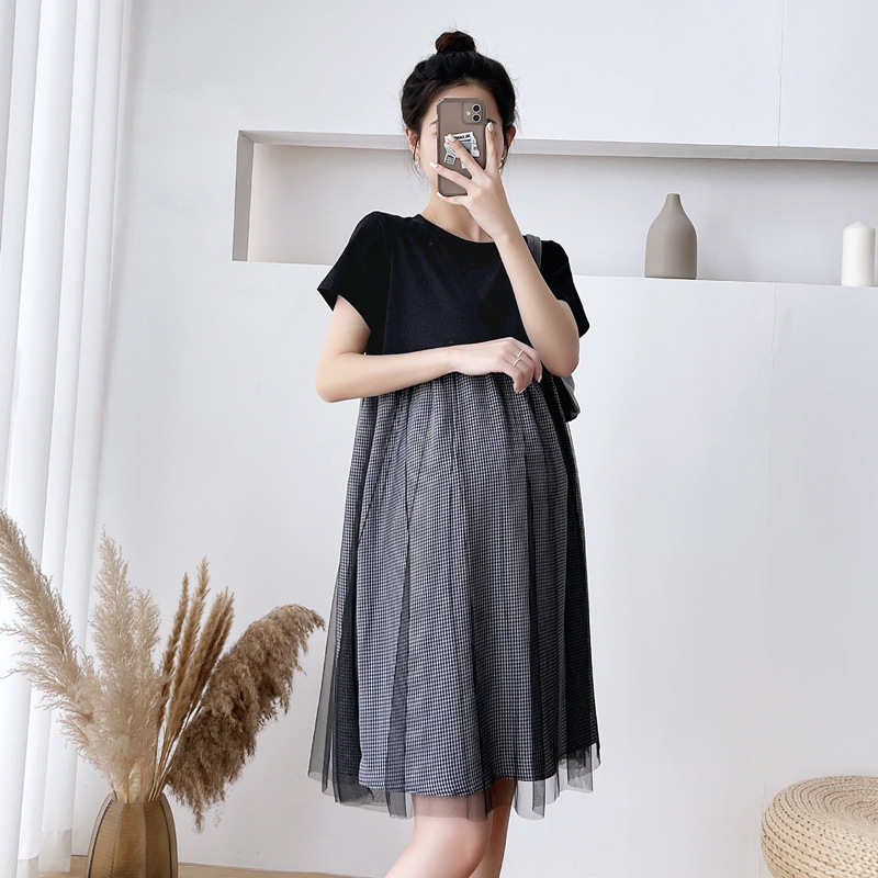 เดรสคลุมท้องแฟชั่นสบายๆ แขนสั้น แต่งด้วยผ้าตาข่ายด้านนอก น่ารัก แบบดูดีมาก M L XL XXL