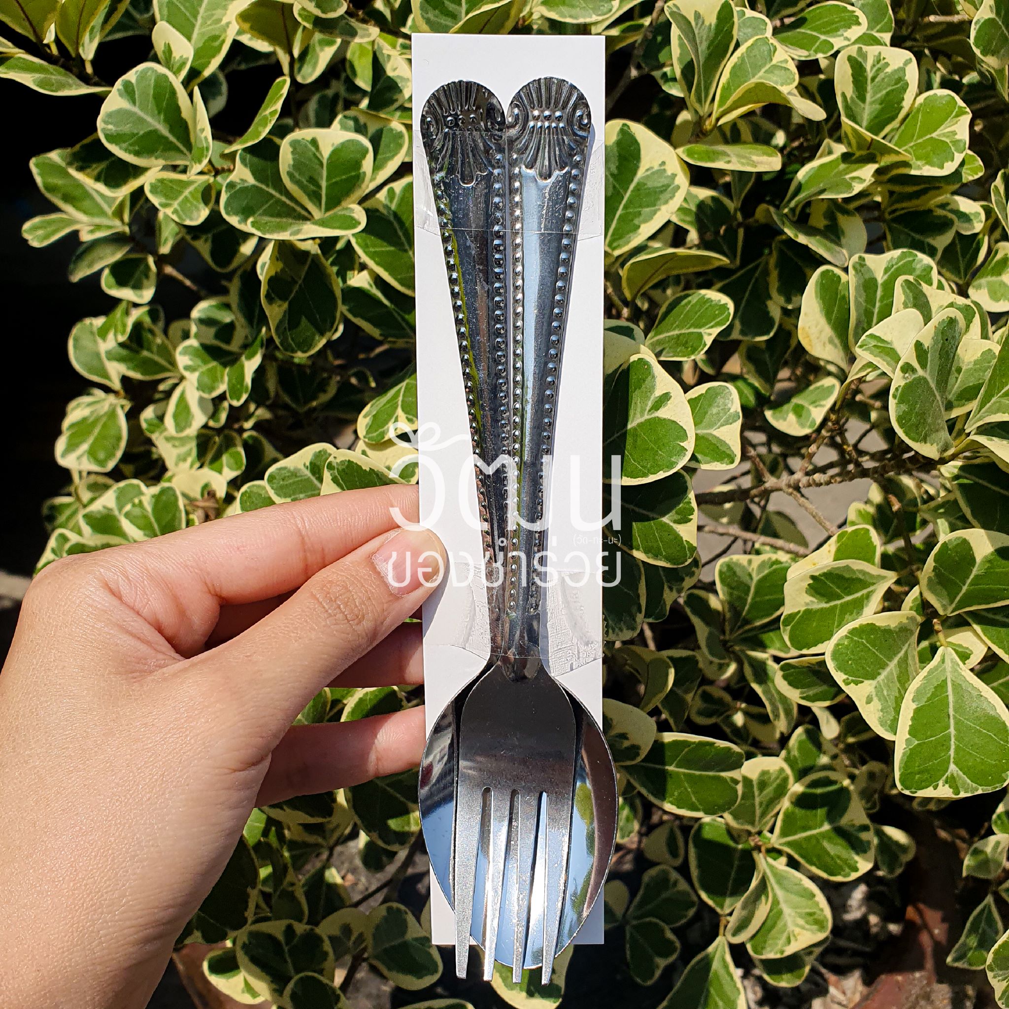 ของชำร่วย ช้อนส้อมทานข้าว หนา 0.5 มิล | แพ็กกล่องสีทอง ติดโบว์ พร้อมสติ๊กเกอร์