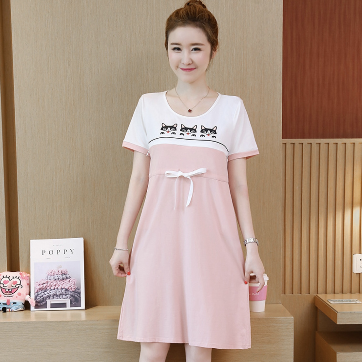 ชุดคลุมท้องเปิดให้นม แขนสั้น ลายแมวเหมียว ปรับขนาดได้ตามอายุครรภ์ M L XL XXL