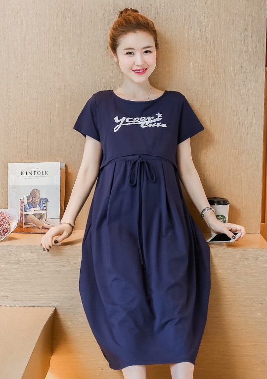 เดรสคลุมท้องแฟชั่นเปิดให้นม ผ้ายืดนิ่มมาก เปิดให้นมแบบง่าย มีเชือกปรับขนาดด้านหน้า