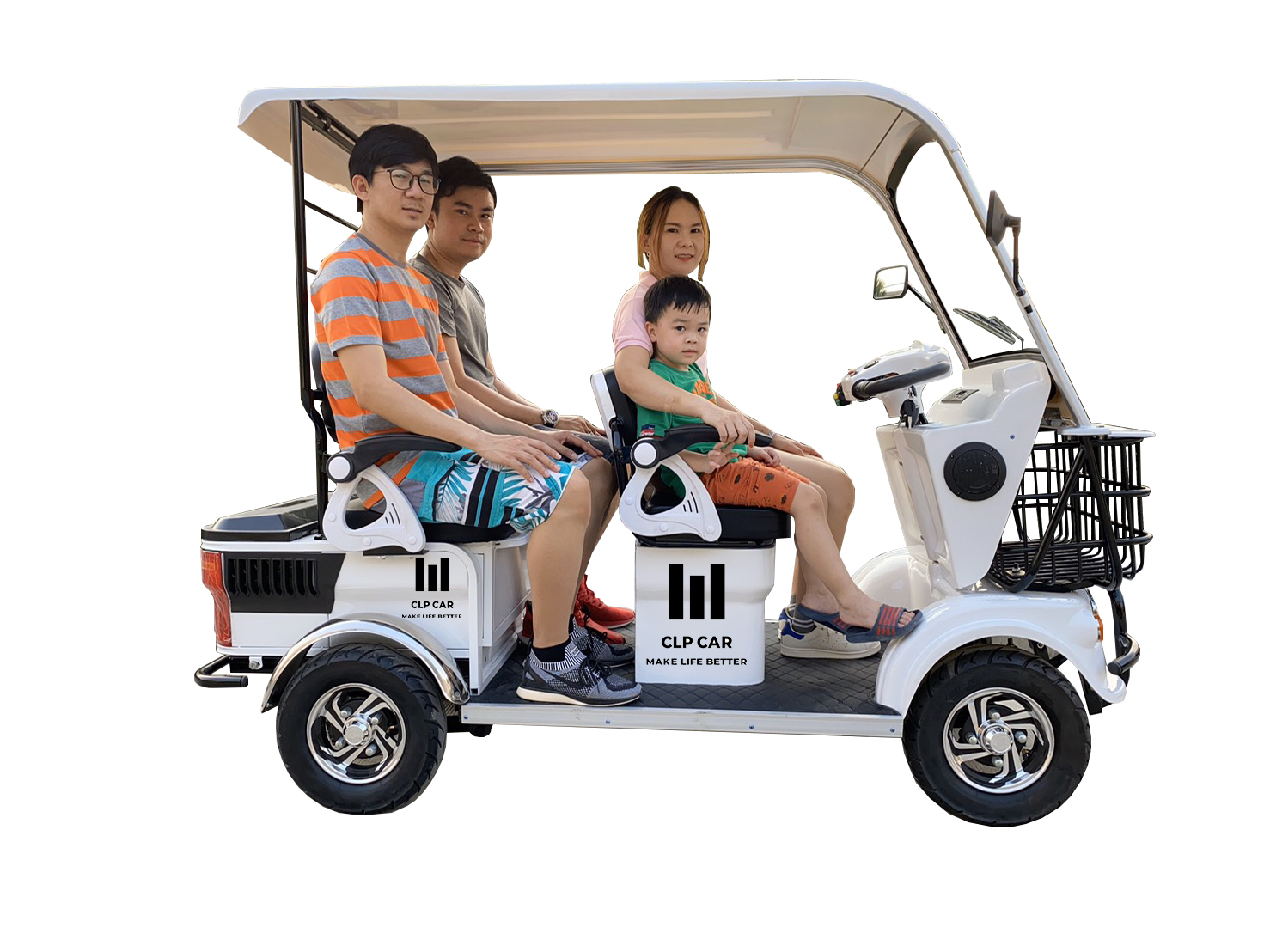 รถไฟฟ้า 4 ล้อ 3 ที่นั่ง รุ่น M-01 ยี่ห้อ CLP CAR สีขาว ขับแฮนด์บิด