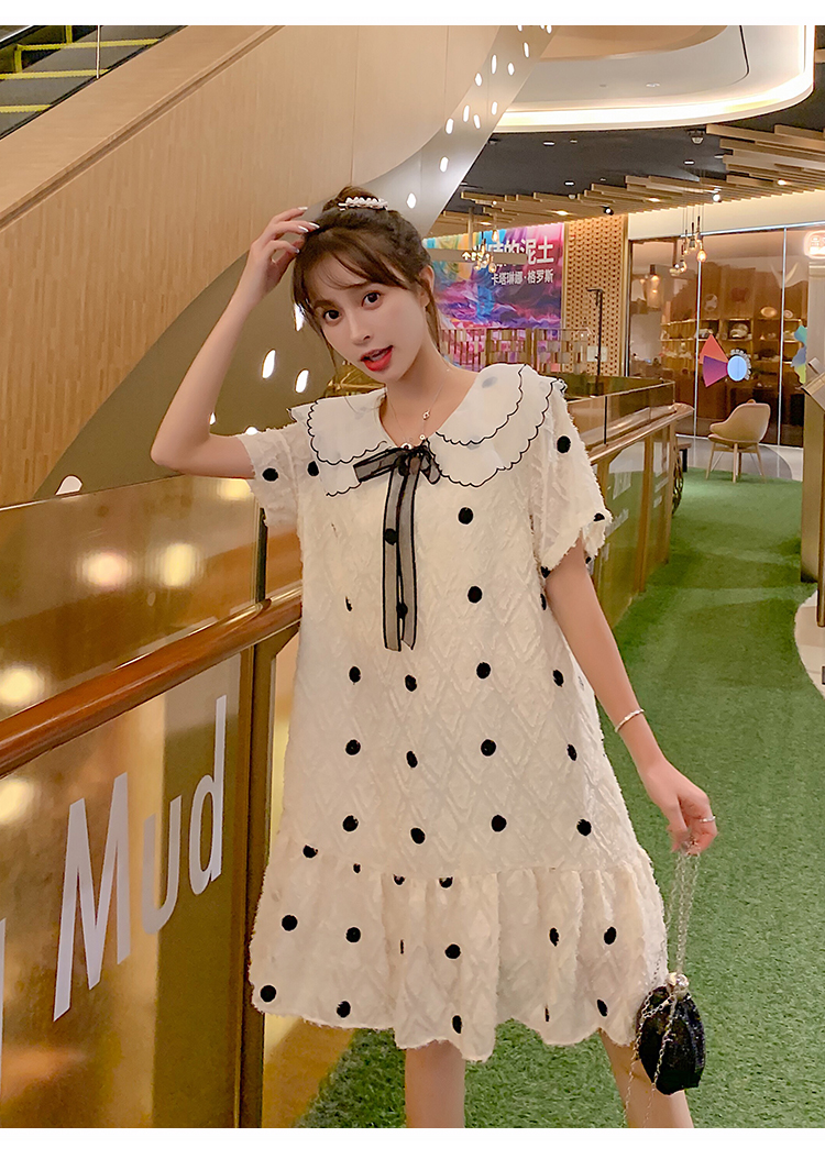 เดรสคลุมท้องแฟชั่นเกาหลี คอปก 2 ชั้น ผ้าตุ๊กตา มีซับใน แต่งด้วยโบว์ ช่วงท้องใส่ได้ถึงคลอด M L XL XXL